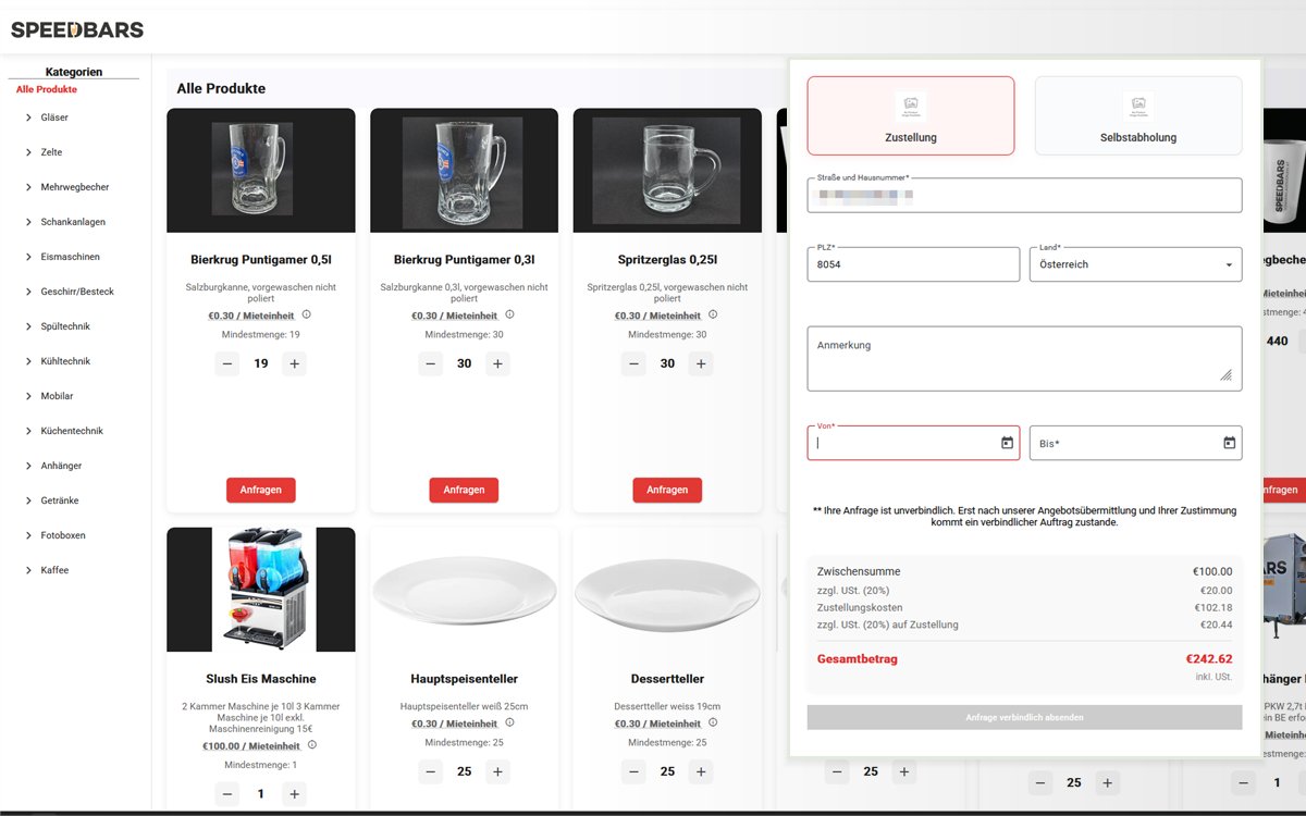 Produktkatalog und Anfrageformular des Speedbars-Verleihshops