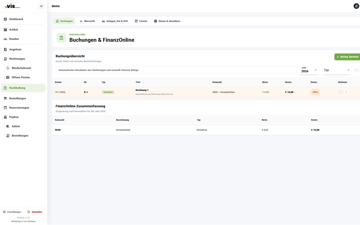 Buchungsübersicht mit FinanzOnline-Kennzahlen im VIS-Portal