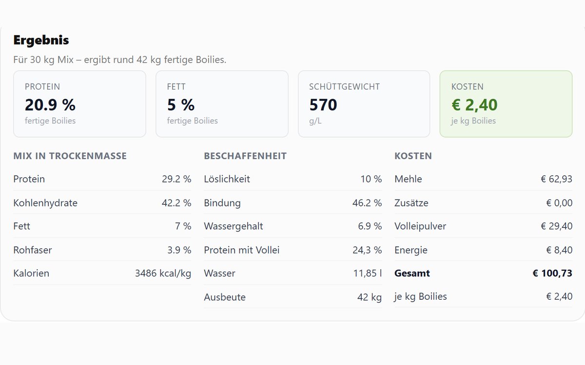 Mixrechner Ergebnis: Protein, Fett, Schüttgewicht, Beschaffenheit und Kosten je kg Boilies