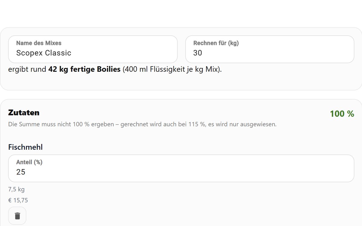 Mixrechner: Rezept mit Anteilen in Prozent und 42 kg Ausbeute bei 30 kg Mix